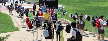 Photo of the "Send Silence Packing" Exhibit set up on a college campus. 