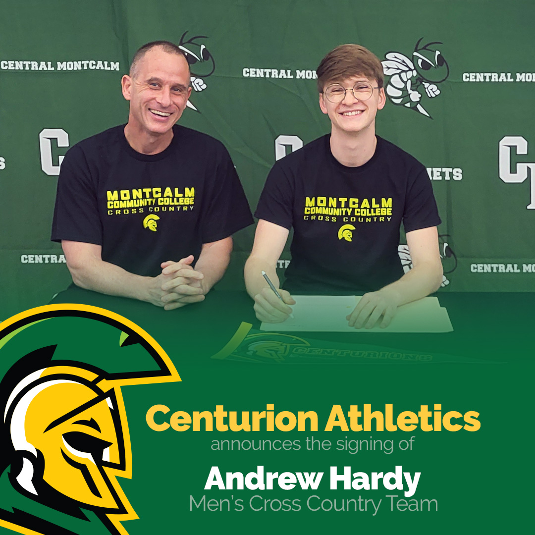 A graphic that reads "Centurion Athletics announces the signing of Andrew Hardy, Men's Cross Country Team." Pictured is cross country coach Kevin Sweeney and Andrew Hardy at his signing ceremony.