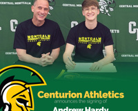 A graphic that reads "Centurion Athletics announces the signing of Andrew Hardy, Men's Cross Country Team." Pictured is cross country coach Kevin Sweeney and Andrew Hardy at his signing ceremony.