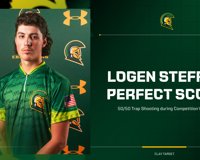 Graphic with image of clay target athlete Logan Steffen and words: Logan Steffen Perfect Score 50/50 Trap Shooting during Competition Week 3