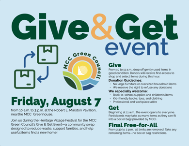 Flyer for the Give & Get reuse and sustainability event hosted by MCC's Green Council. 