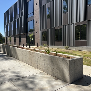 Exterior of the Student Housing building featuring the landscaping box on the backside of the building.
