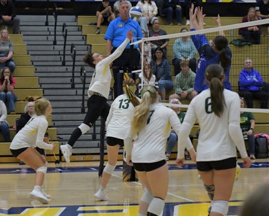 Volleyball player, Erin Borek, goes up for spike