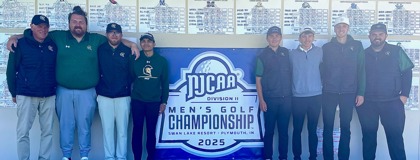 Centurion Men's Golf Team standing next to the NJCAA Division II Men's Golf Championship 2025 sign