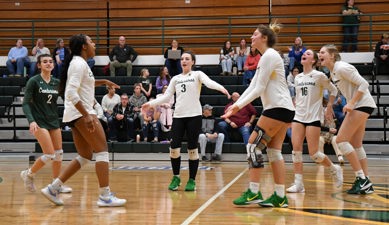 A group of MCC volleyball players gather to celebrate after a point being scored during a match.