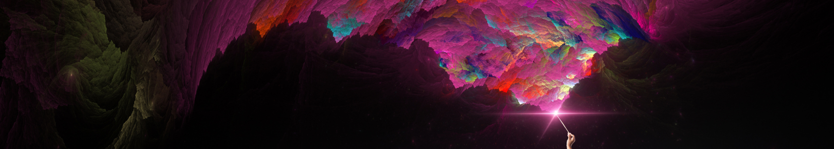 Imaginitive image of a boy pointing a wand towards a flurry of colors above himself.