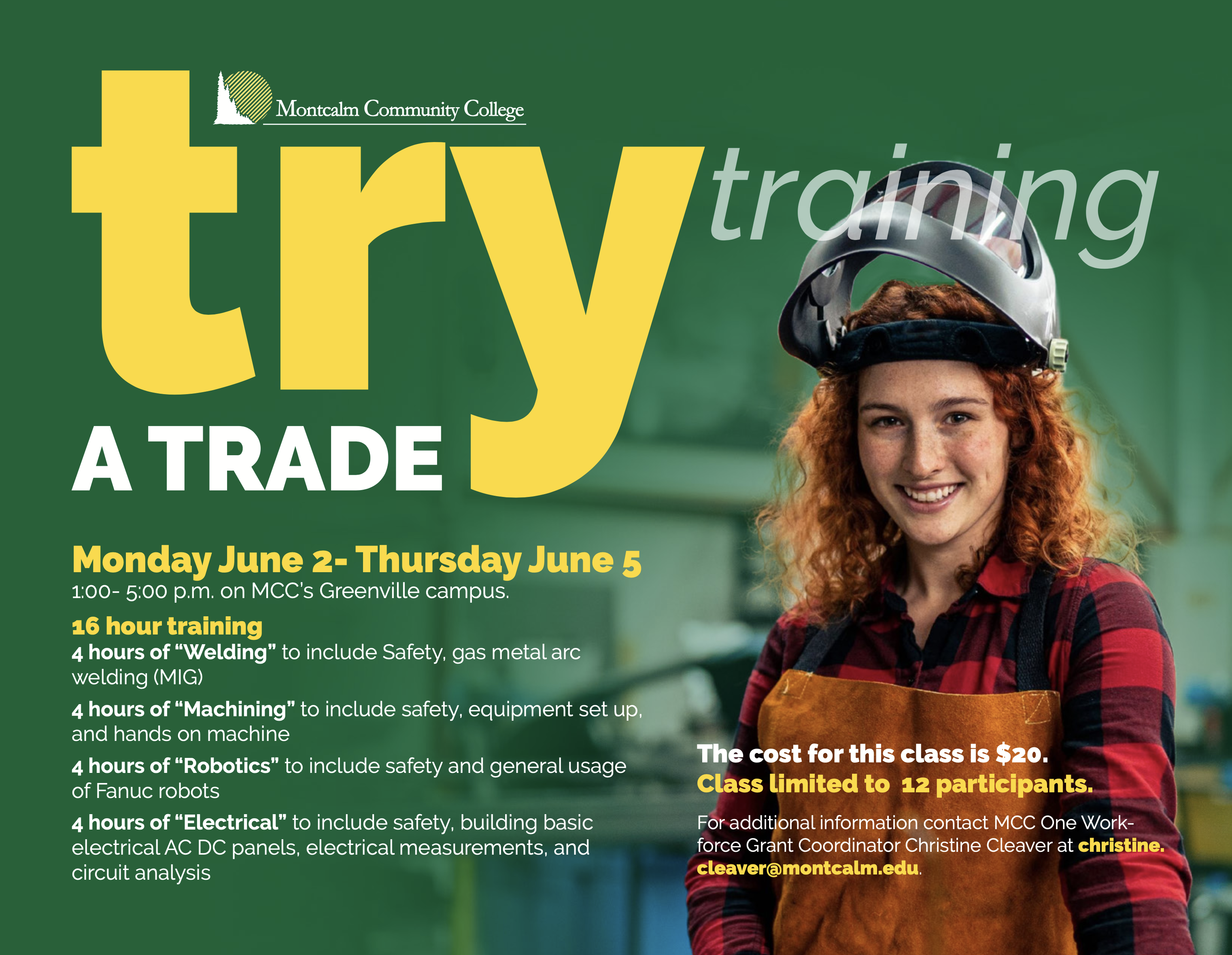 Image of female with red hair wearing a welding helmet and apron. Words on image include "Try-a-Trade Training" and more details about the event.