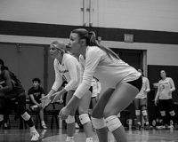 Black and white photo of two MCC volleyball players squatting down and preparing to hit the ball coming over the net.