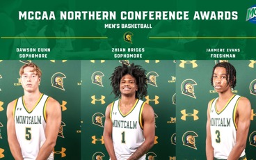 Graphic with three MCC men's basketball photos and text that reads "MCCAA Northern Conference Awards"