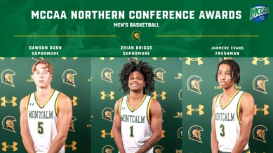 Graphic with three MCC men's basketball photos and text that reads "MCCAA Northern Conference Awards"