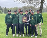 Photo of the 2025 men's golf team standing outside holding their Regional Championship plaque.