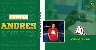 Graphic with an image of Briley Andres wearing a red t-shirt with the Aquinas College logo on it. The text on the graphic reads "Briley Andres | Aquinas College NAIA"