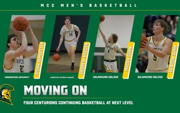 Graphic with game shots of four MCC men's basketball players who are moving on to other college's to play after graduating at MCC in 2026.