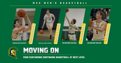 Graphic with game shots of four MCC men's basketball players who are moving on to other college's to play after graduating at MCC in 2026.