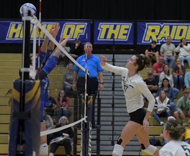 MCC volleyball player jumping for a spike