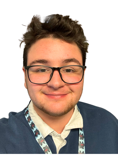 Headshot of Cameron Aburustum wearing a blue shirt with a white collar.