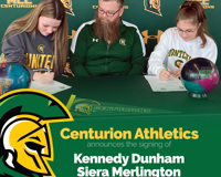 A picture of girls signing their letters of intent. Text on graphic reads: "Centurion Athletics announces the signing of Kennedy Dunham, Siera Merlington Women's Bowling Team."