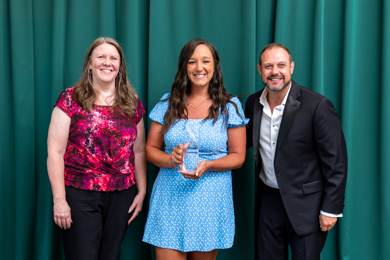 MCCF Executive Director Lisa Lund, MCC alumna Courtney Shafer, and MCC President Bradley Barrick posing for a photo with Courtney's Alumni award.