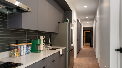 Carbonelli Villas Kitchenette featuring a two burner induction cooktop, sink, full size fridge and many storage cabinets.