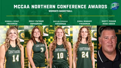 Graphic with photos of four MCC women's basketball players and head coach. Text on the image reads MCCAA Northern Conference Awards.