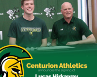 A graphic that reads "Centurion Athletics announces the signing of Lucas Hirkaway Men's Golf Team" Pictured is golf coach Doug Harkema and Lucas Hirkaway at his signing ceremony.